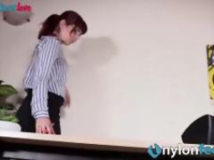 Redhead secretary foot play with stockings and garter belt